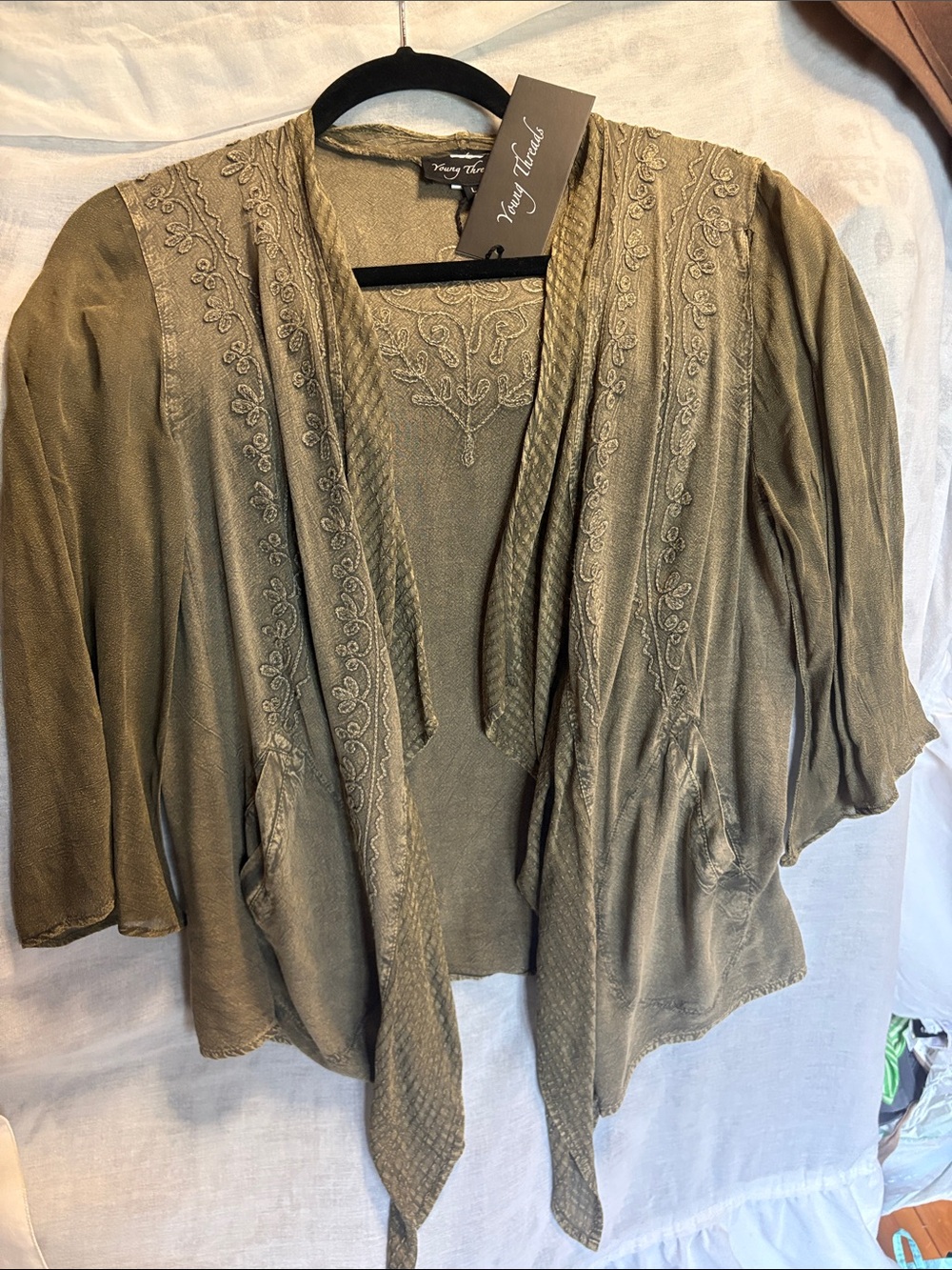 NWT Young Threads Olive Embroidered Kimono